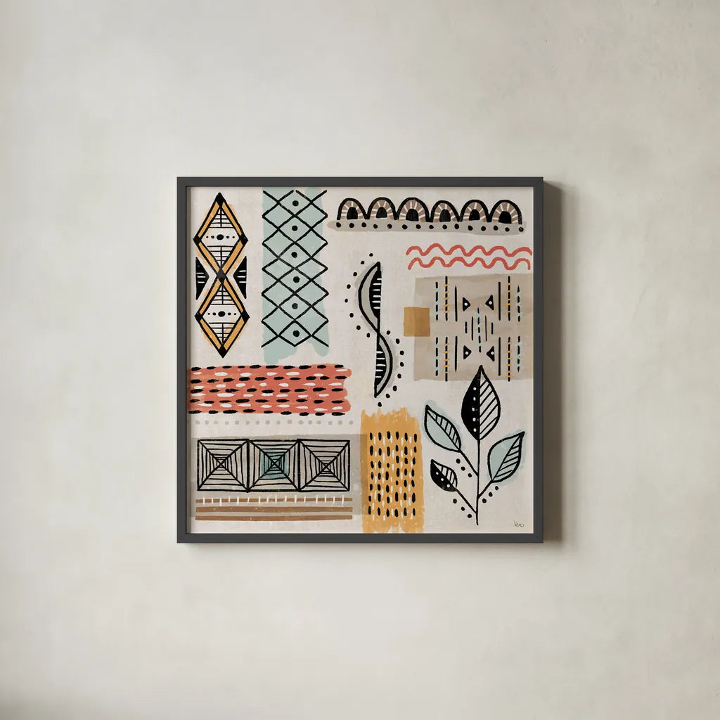 Tribal Tones IV by Veronique Charron. Shown in a sleek black glass frame for a contemporary gallery look. Available as an archival giclee rolled canvas, fine art paper, or poster print. SKU 70457a.