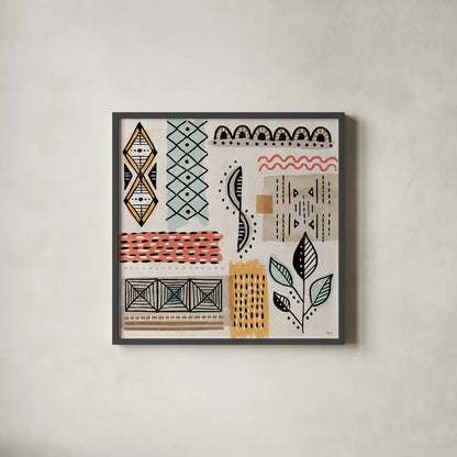 Tribal Tones IV by Veronique Charron. Shown in a sleek black glass frame for a contemporary gallery look. Available as an archival giclee rolled canvas, fine art paper, or poster print. SKU 70457a.