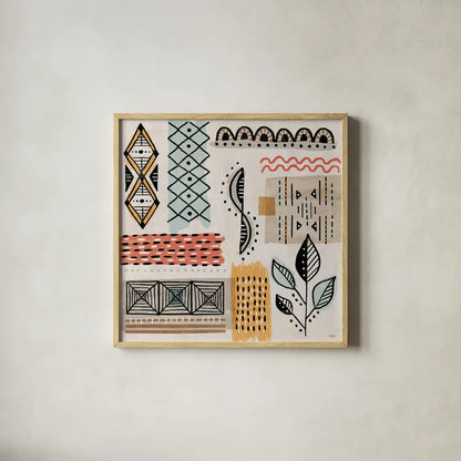 Tribal Tones IV by Veronique Charron. Shown in a natural wood glass frame for a timeless modern aesthetic. Available as an archival giclee rolled canvas, fine art paper, or poster print. SKU 70457a.