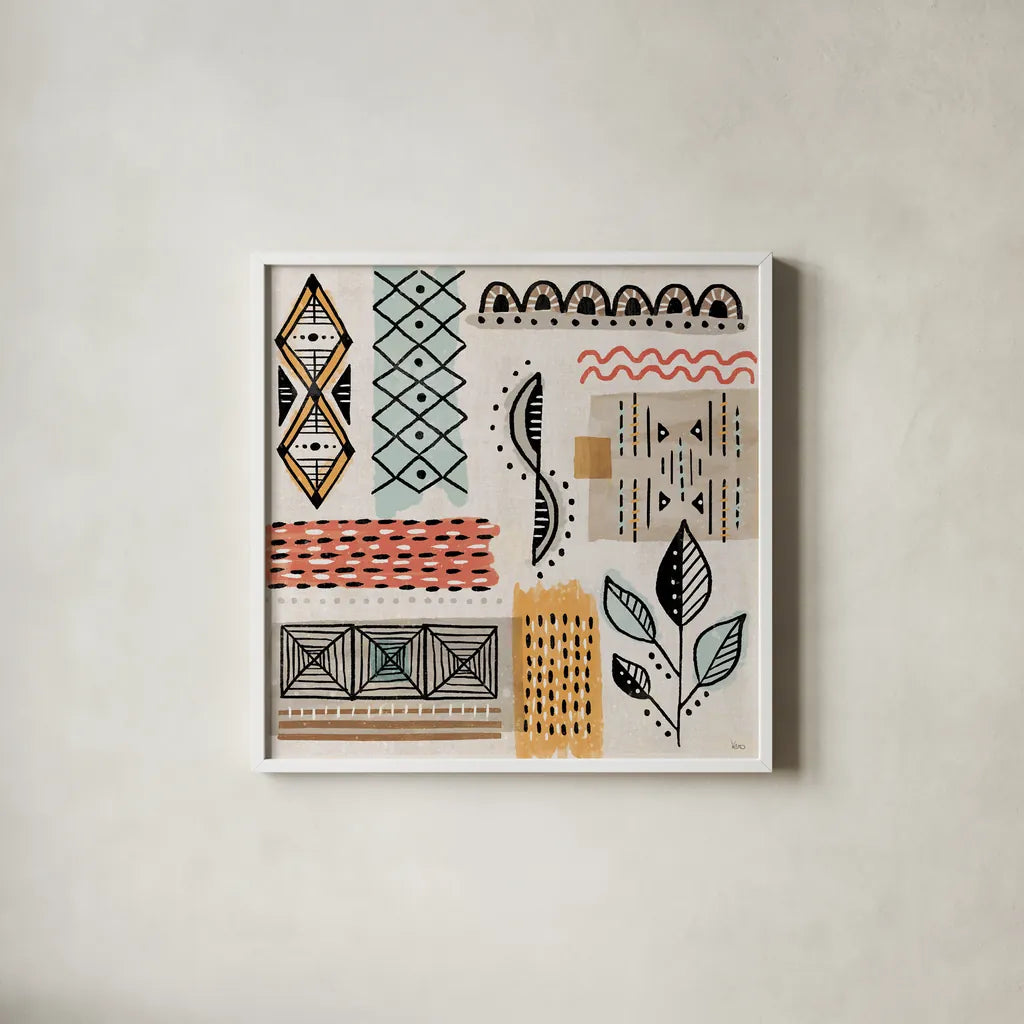 Tribal Tones IV by Veronique Charron. Shown in a crisp white glass frame for a clean and minimalist style. Available as an archival giclee rolled canvas, fine art paper, or poster print. SKU 70457a.