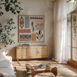 Tribal Tones IV by Veronique Charron. Shown in a natural wood frame in a cozy modern living room. Available as an archival giclee rolled canvas, fine art paper, or poster print. SKU 70457a.