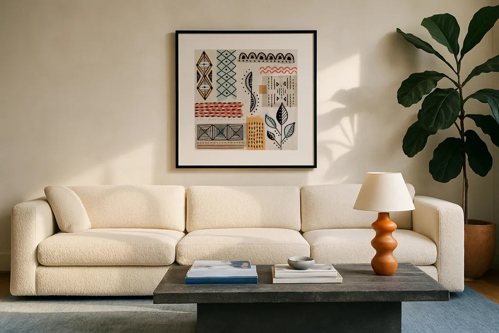 Tribal Tones IV by Veronique Charron. Displayed in a glass frame with matte in a clean modern living room. Available as an archival giclee rolled canvas, fine art paper, or poster print. SKU 70457a.