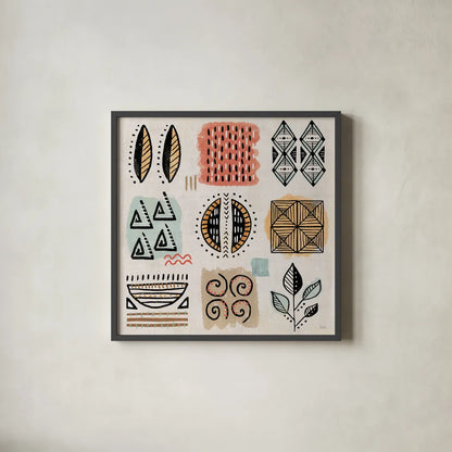 Tribal Tones IX by Veronique Charron. Shown in a sleek black glass frame for a contemporary gallery look. Available as an archival giclee rolled canvas, fine art paper, or poster print. SKU 70462a.