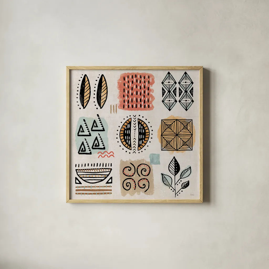 Tribal Tones IX by Veronique Charron. Shown in a natural wood glass frame for a timeless modern aesthetic. Available as an archival giclee rolled canvas, fine art paper, or poster print. SKU 70462a.