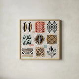 Tribal Tones IX by Veronique Charron. Shown in a natural wood glass frame for a timeless modern aesthetic. Available as an archival giclee rolled canvas, fine art paper, or poster print. SKU 70462a.