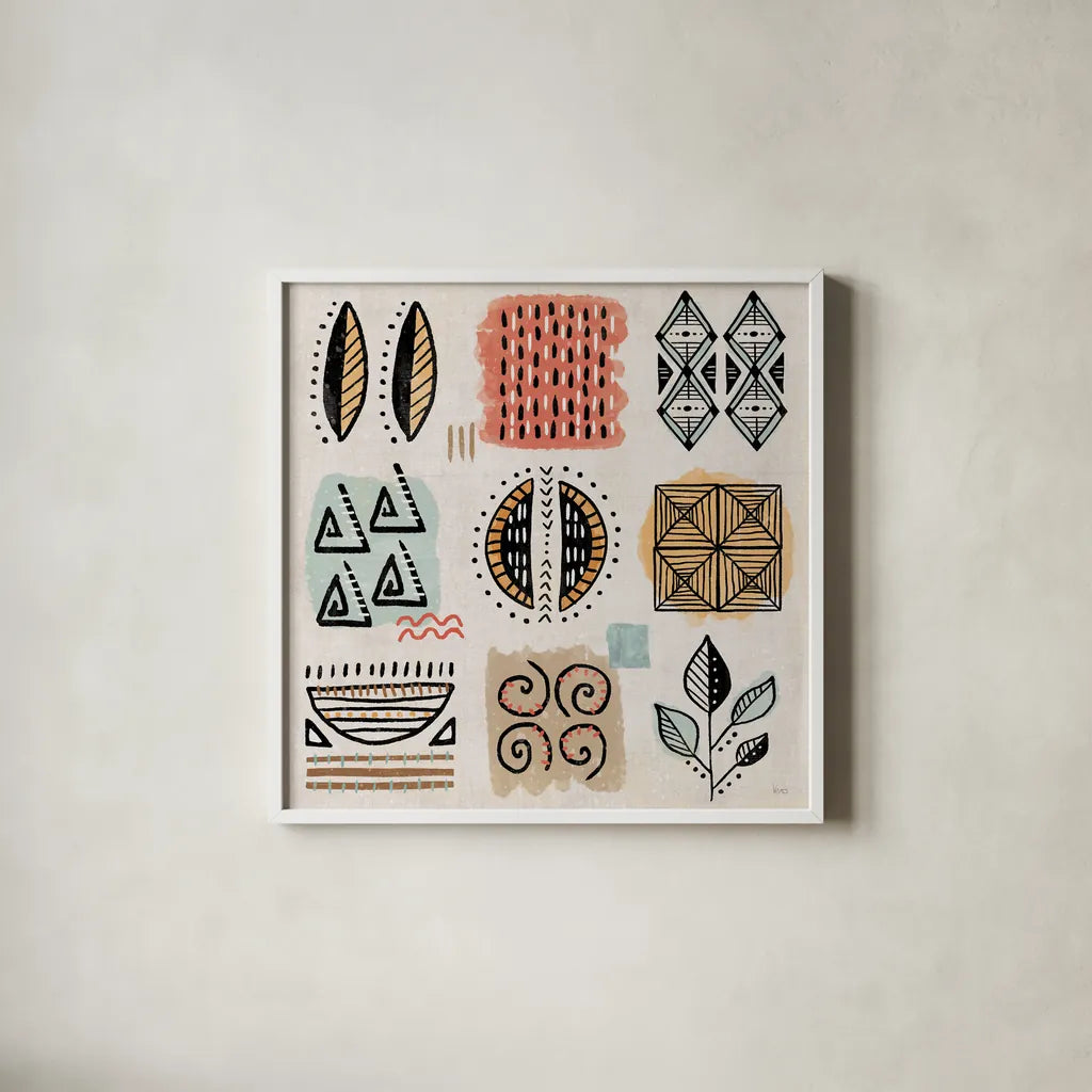 Tribal Tones IX by Veronique Charron. Shown in a crisp white glass frame for a clean and minimalist style. Available as an archival giclee rolled canvas, fine art paper, or poster print. SKU 70462a.