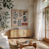 Tribal Tones V by Veronique Charron. Shown in a natural wood frame in a cozy modern living room. Available as an archival giclee rolled canvas, fine art paper, or poster print. SKU 70458a.