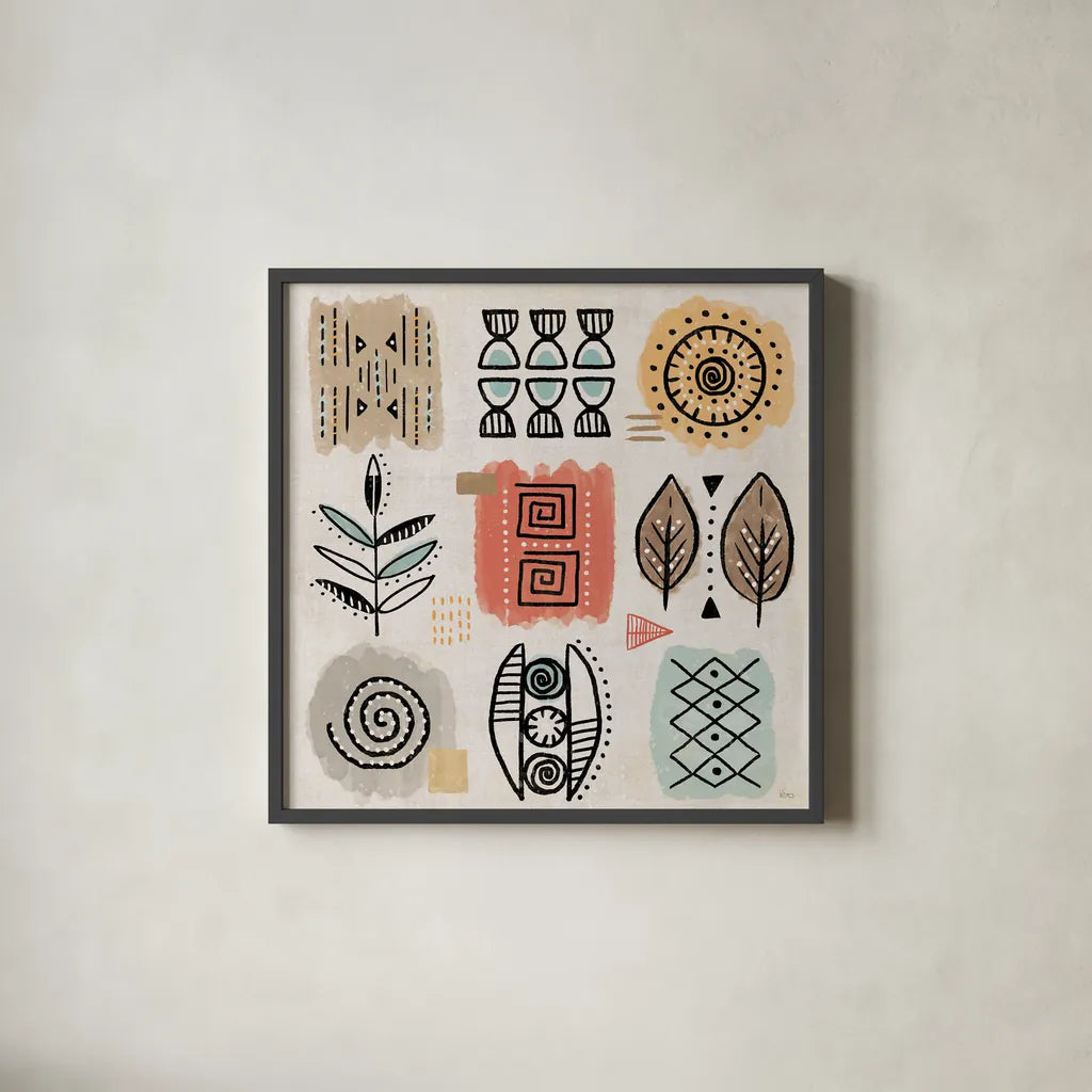 Tribal Tones VIII by Veronique Charron. Shown in a sleek black glass frame for a contemporary gallery look. Available as an archival giclee rolled canvas, fine art paper, or poster print. SKU 70461a.