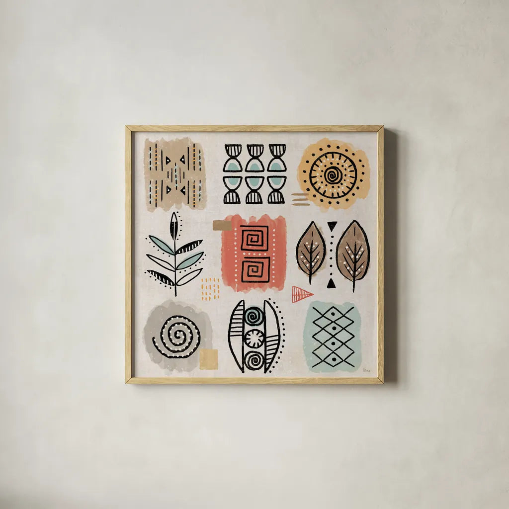Tribal Tones VIII by Veronique Charron. Shown in a natural wood glass frame for a timeless modern aesthetic. Available as an archival giclee rolled canvas, fine art paper, or poster print. SKU 70461a.
