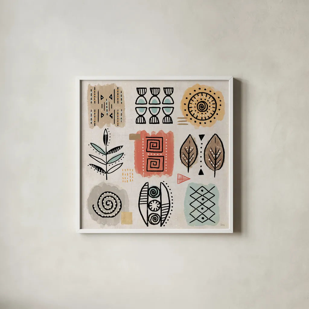 Tribal Tones VIII by Veronique Charron. Shown in a crisp white glass frame for a clean and minimalist style. Available as an archival giclee rolled canvas, fine art paper, or poster print. SKU 70461a.