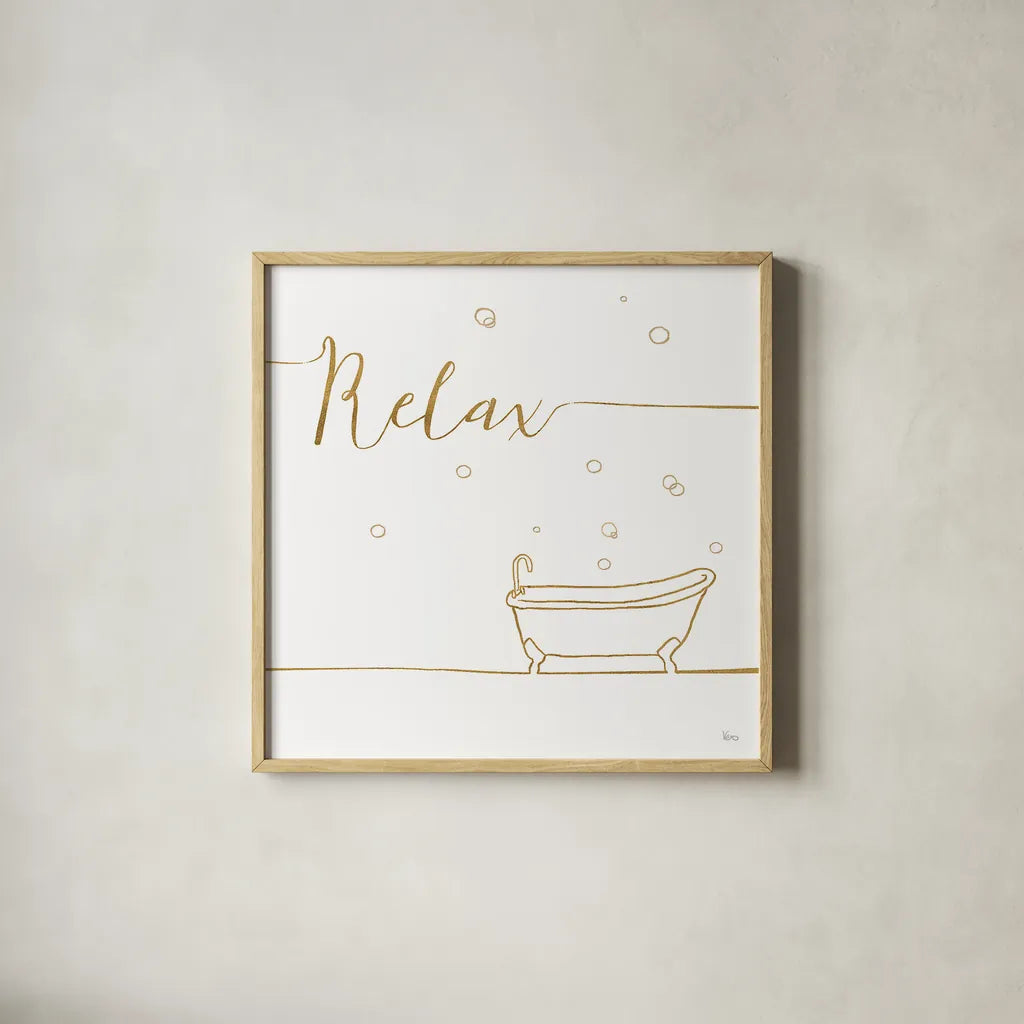 Underline Bath V by Veronique Charron. Shown in a natural wood glass frame for a timeless modern aesthetic. Available as an archival giclee rolled canvas, fine art paper, or poster print. SKU 33218a.