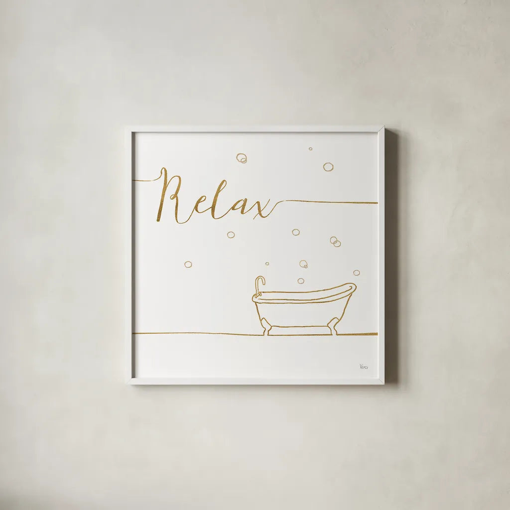 Underline Bath V by Veronique Charron. Shown in a crisp white glass frame for a clean and minimalist style. Available as an archival giclee rolled canvas, fine art paper, or poster print. SKU 33218a.