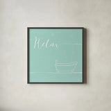 Underline Bath V Teal by Veronique Charron. Shown in a sleek black glass frame for a contemporary gallery look. Available as an archival giclee rolled canvas, fine art paper, or poster print. SKU 33226a.