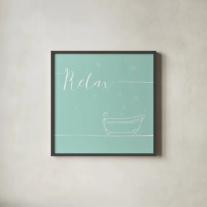Underline Bath V Teal by Veronique Charron. Shown in a sleek black glass frame for a contemporary gallery look. Available as an archival giclee rolled canvas, fine art paper, or poster print. SKU 33226a.