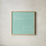 Underline Bath V Teal by Veronique Charron. Shown in a natural wood glass frame for a timeless modern aesthetic. Available as an archival giclee rolled canvas, fine art paper, or poster print. SKU 33226a.