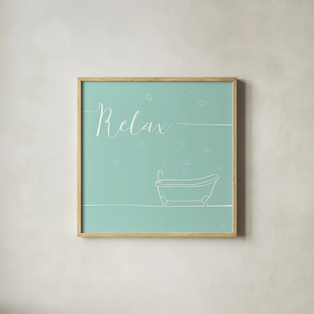 Underline Bath V Teal by Veronique Charron. Shown in a natural wood glass frame for a timeless modern aesthetic. Available as an archival giclee rolled canvas, fine art paper, or poster print. SKU 33226a.