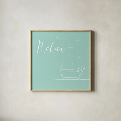 Underline Bath V Teal by Veronique Charron. Shown in a natural wood glass frame for a timeless modern aesthetic. Available as an archival giclee rolled canvas, fine art paper, or poster print. SKU 33226a.