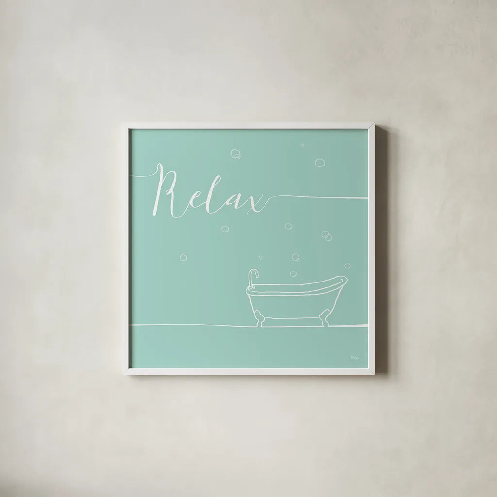 Underline Bath V Teal by Veronique Charron. Shown in a crisp white glass frame for a clean and minimalist style. Available as an archival giclee rolled canvas, fine art paper, or poster print. SKU 33226a.