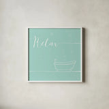 Underline Bath V Teal by Veronique Charron. Shown in a crisp white glass frame for a clean and minimalist style. Available as an archival giclee rolled canvas, fine art paper, or poster print. SKU 33226a.