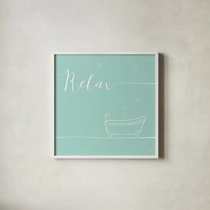 Underline Bath V Teal by Veronique Charron. Shown in a crisp white glass frame for a clean and minimalist style. Available as an archival giclee rolled canvas, fine art paper, or poster print. SKU 33226a.
