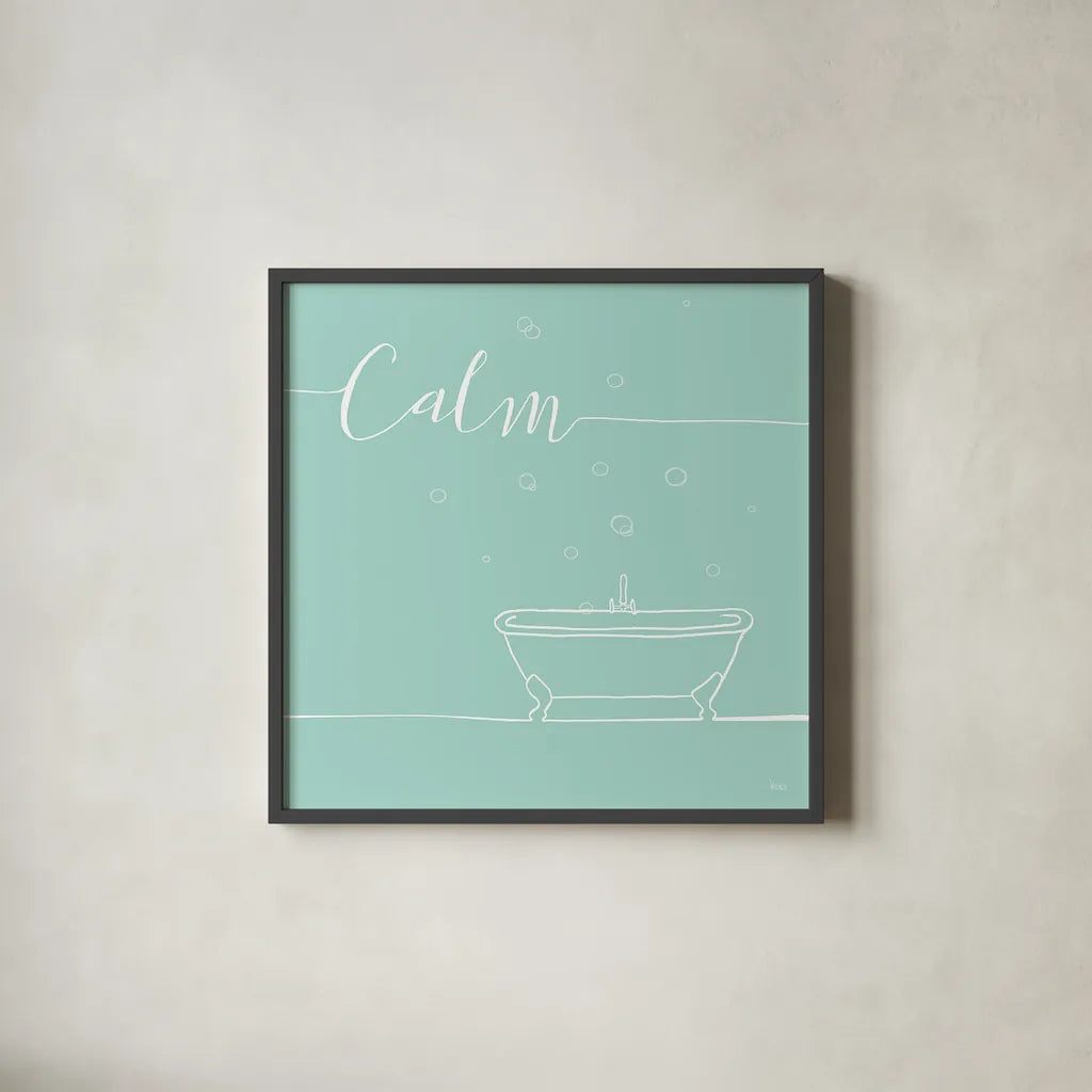 Underline Bath VI Teal by Veronique Charron. Shown in a sleek black glass frame for a contemporary gallery look. Available as an archival giclee rolled canvas, fine art paper, or poster print. SKU 33227a.