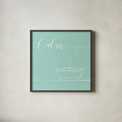 Underline Bath VI Teal by Veronique Charron. Shown in a sleek black glass frame for a contemporary gallery look. Available as an archival giclee rolled canvas, fine art paper, or poster print. SKU 33227a.