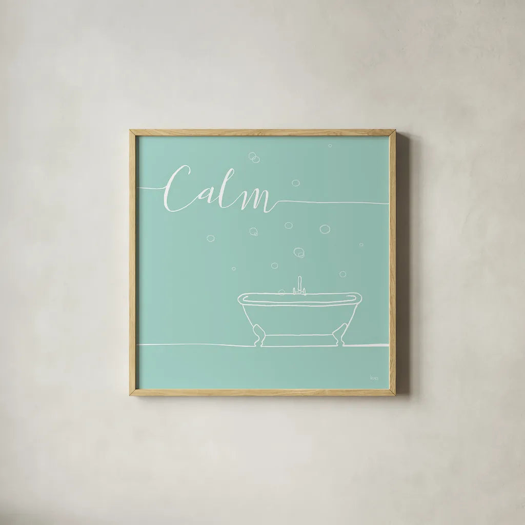 Underline Bath VI Teal by Veronique Charron. Shown in a natural wood glass frame for a timeless modern aesthetic. Available as an archival giclee rolled canvas, fine art paper, or poster print. SKU 33227a.