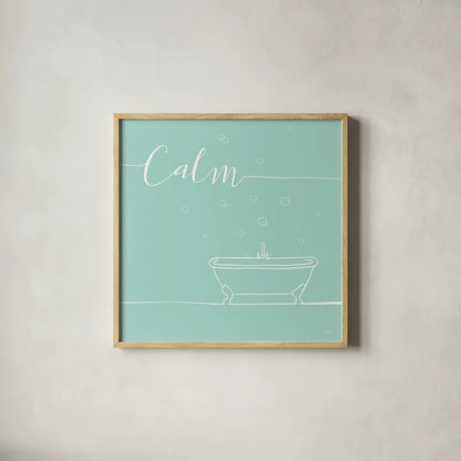 Underline Bath VI Teal by Veronique Charron. Shown in a natural wood glass frame for a timeless modern aesthetic. Available as an archival giclee rolled canvas, fine art paper, or poster print. SKU 33227a.