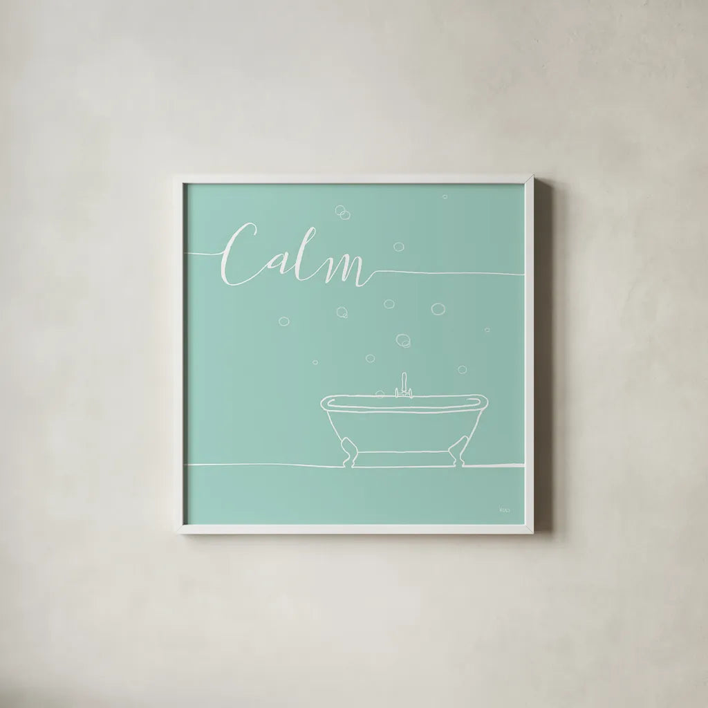 Underline Bath VI Teal by Veronique Charron. Shown in a crisp white glass frame for a clean and minimalist style. Available as an archival giclee rolled canvas, fine art paper, or poster print. SKU 33227a.