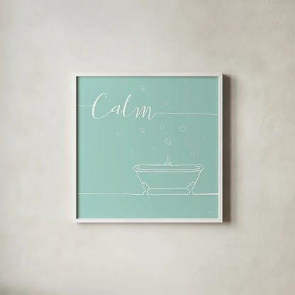 Underline Bath VI Teal by Veronique Charron. Shown in a crisp white glass frame for a clean and minimalist style. Available as an archival giclee rolled canvas, fine art paper, or poster print. SKU 33227a.
