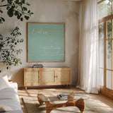 Underline Bath VI Teal by Veronique Charron. Shown in a natural wood frame in a cozy modern living room. Available as an archival giclee rolled canvas, fine art paper, or poster print. SKU 33227a.