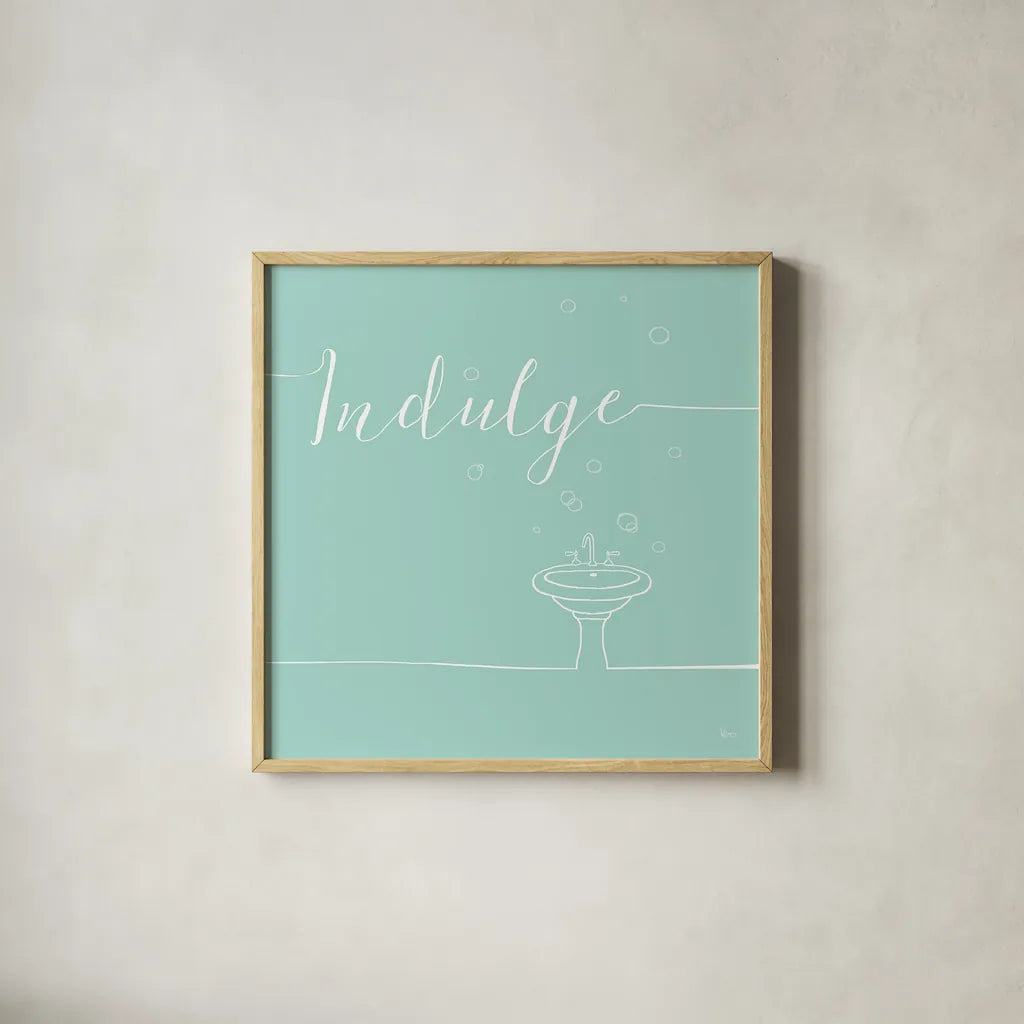 Underline Bath VII Teal by Veronique Charron. Shown in a natural wood glass frame for a timeless modern aesthetic. Available as an archival giclee rolled canvas, fine art paper, or poster print. SKU 33228a.