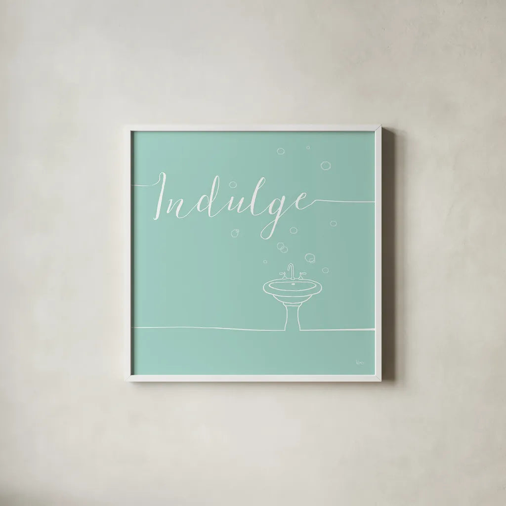 Underline Bath VII Teal by Veronique Charron. Shown in a crisp white glass frame for a clean and minimalist style. Available as an archival giclee rolled canvas, fine art paper, or poster print. SKU 33228a.