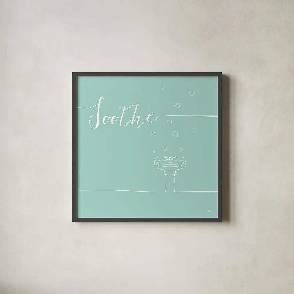 Underline Bath VIII Teal by Veronique Charron. Shown in a sleek black glass frame for a contemporary gallery look. Available as an archival giclee rolled canvas, fine art paper, or poster print. SKU 33229a.