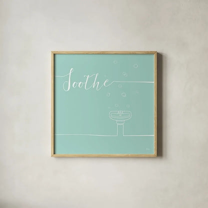 Underline Bath VIII Teal by Veronique Charron. Shown in a natural wood glass frame for a timeless modern aesthetic. Available as an archival giclee rolled canvas, fine art paper, or poster print. SKU 33229a.