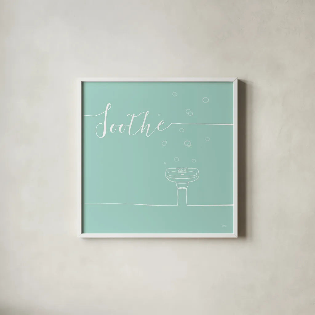 Underline Bath VIII Teal by Veronique Charron. Shown in a crisp white glass frame for a clean and minimalist style. Available as an archival giclee rolled canvas, fine art paper, or poster print. SKU 33229a.
