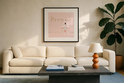 Underlined Bubbly VI Pink by Veronique Charron. Displayed in a glass frame with matte in a clean modern living room. Available as an archival giclee rolled canvas, fine art paper, or poster print. SKU 34822a.