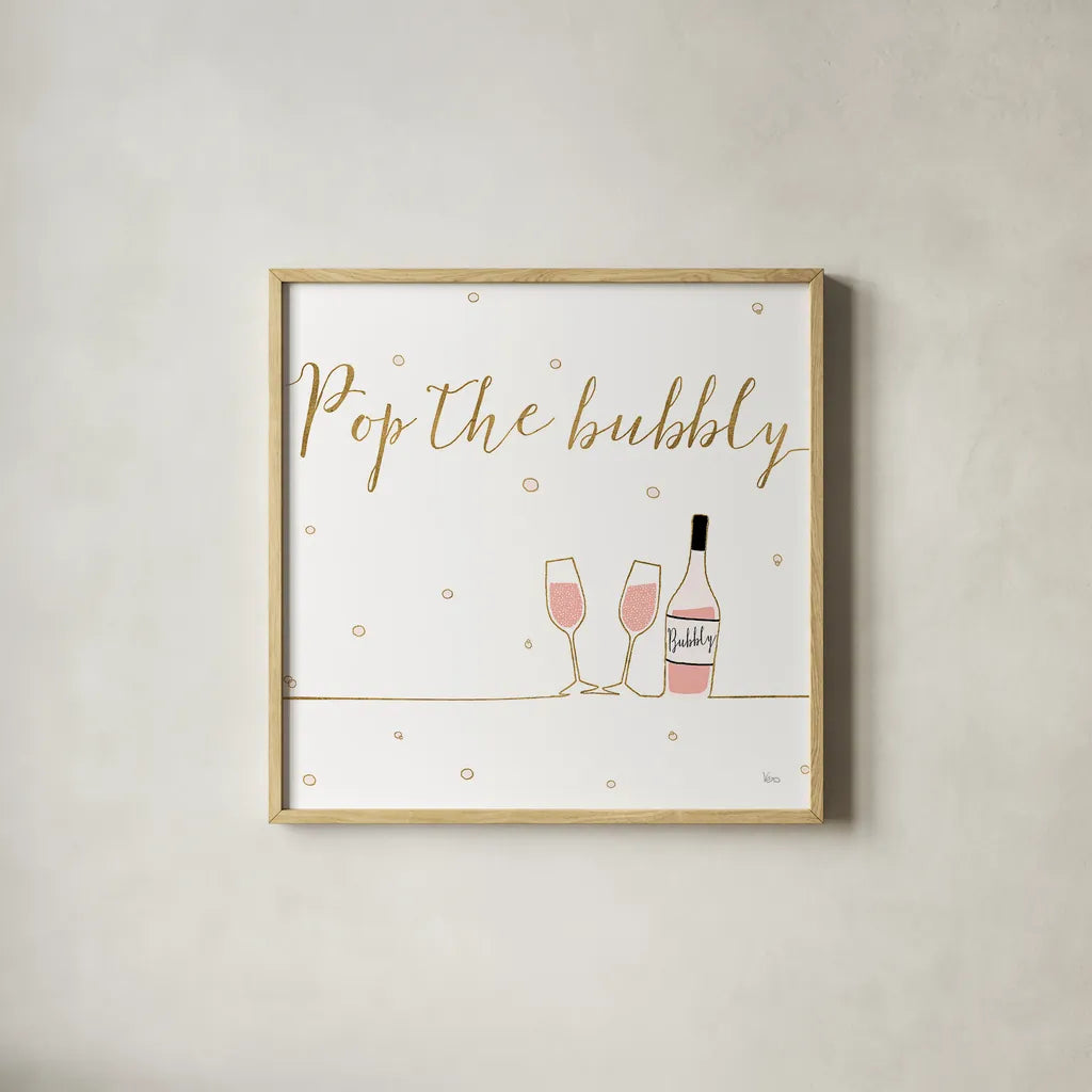 Underlined Bubbly VII by Veronique Charron. Shown in a natural wood glass frame for a timeless modern aesthetic. Available as an archival giclee rolled canvas, fine art paper, or poster print. SKU 34815a.