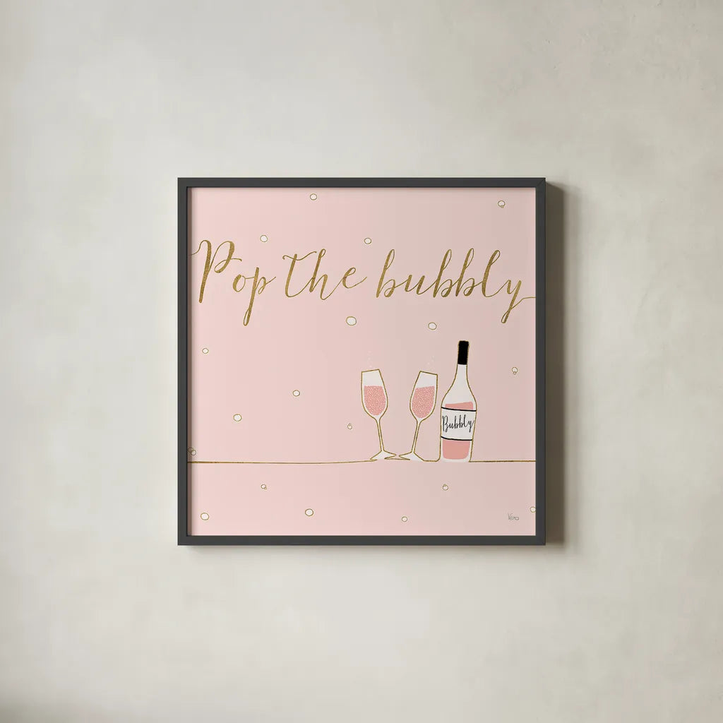 Underlined Bubbly VII Pink by Veronique Charron. Shown in a sleek black glass frame for a contemporary gallery look. Available as an archival giclee rolled canvas, fine art paper, or poster print. SKU 34823a.