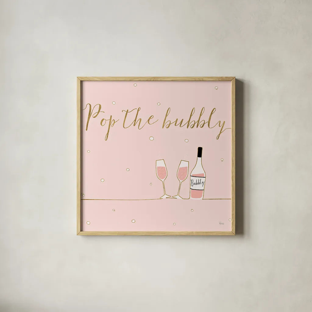 Underlined Bubbly VII Pink by Veronique Charron. Shown in a natural wood glass frame for a timeless modern aesthetic. Available as an archival giclee rolled canvas, fine art paper, or poster print. SKU 34823a.