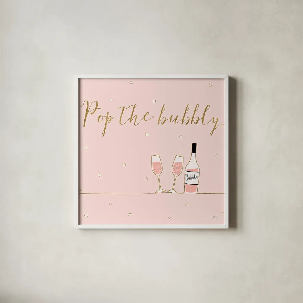Underlined Bubbly VII Pink by Veronique Charron. Shown in a crisp white glass frame for a clean and minimalist style. Available as an archival giclee rolled canvas, fine art paper, or poster print. SKU 34823a.