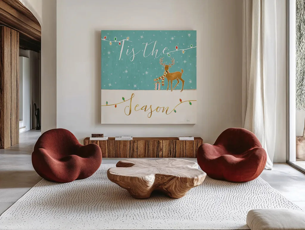 Underlined Christmas III by Veronique Charron. Shown as extra-large giant wall art in a modern living room. Available as an archival giclee rolled canvas, fine art paper, or poster print. SKU 36306a.
