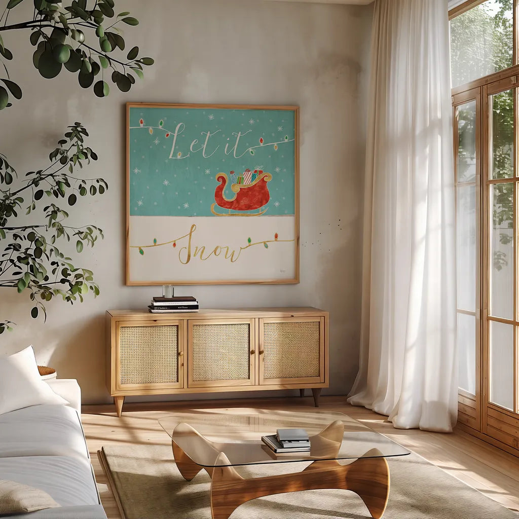 Underlined Christmas IV by Veronique Charron. Shown in a natural wood frame in a cozy modern living room. Available as an archival giclee rolled canvas, fine art paper, or poster print. SKU 36307a.