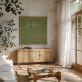 Underlined Fall VI Color by Veronique Charron. Shown in a natural wood frame in a cozy modern living room. Available as an archival giclee rolled canvas, fine art paper, or poster print. SKU 34868a.