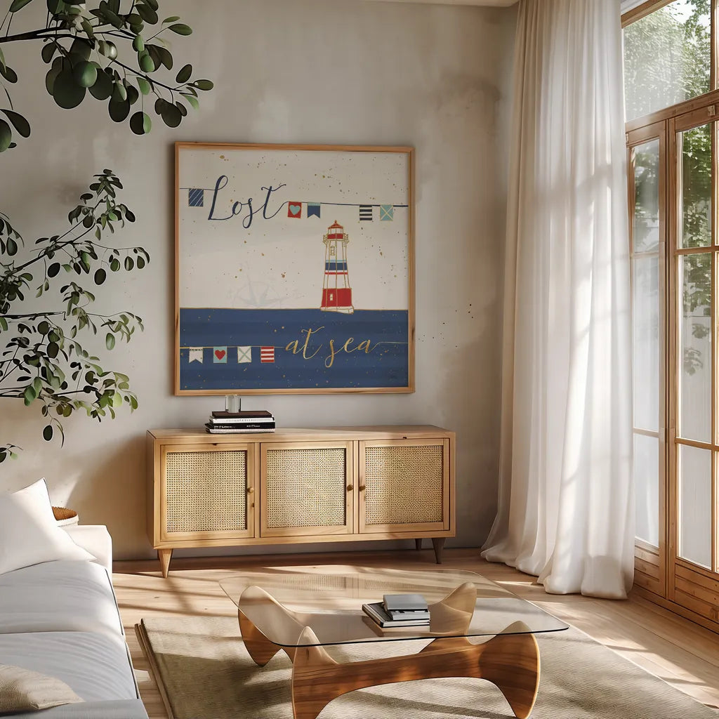 Underlined Nautical I by Veronique Charron. Shown in a natural wood frame in a cozy modern living room. Available as an archival giclee rolled canvas, fine art paper, or poster print. SKU 39406a.