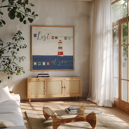 Underlined Nautical I by Veronique Charron. Shown in a natural wood frame in a cozy modern living room. Available as an archival giclee rolled canvas, fine art paper, or poster print. SKU 39406a.