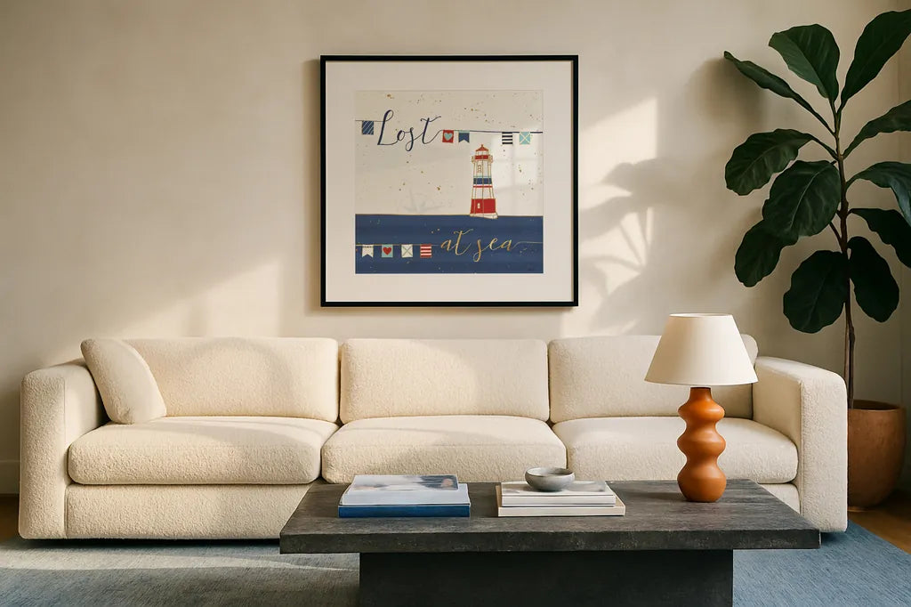 Underlined Nautical I by Veronique Charron. Displayed in a glass frame with matte in a clean modern living room. Available as an archival giclee rolled canvas, fine art paper, or poster print. SKU 39406a.
