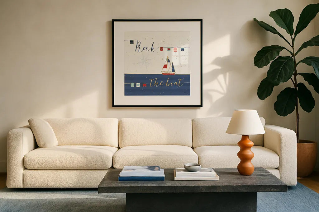 Underlined Nautical II by Veronique Charron. Displayed in a glass frame with matte in a clean modern living room. Available as an archival giclee rolled canvas, fine art paper, or poster print. SKU 39407a.