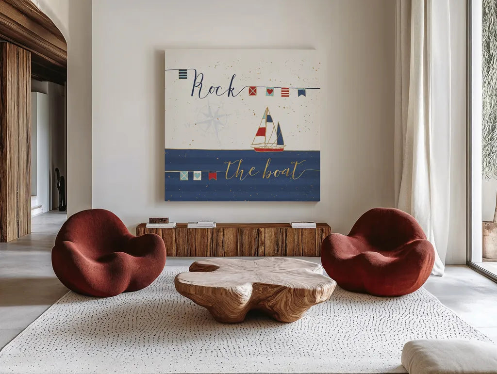 Underlined Nautical II by Veronique Charron. Shown as extra-large giant wall art in a modern living room. Available as an archival giclee rolled canvas, fine art paper, or poster print. SKU 39407a.