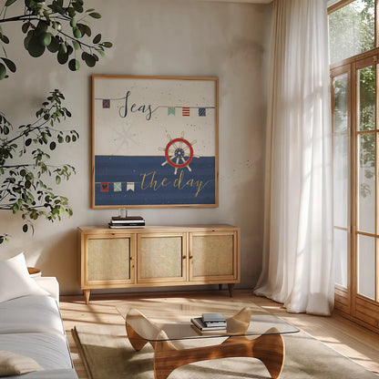 Underlined Nautical III by Veronique Charron. Shown in a natural wood frame in a cozy modern living room. Available as an archival giclee rolled canvas, fine art paper, or poster print. SKU 39408a.